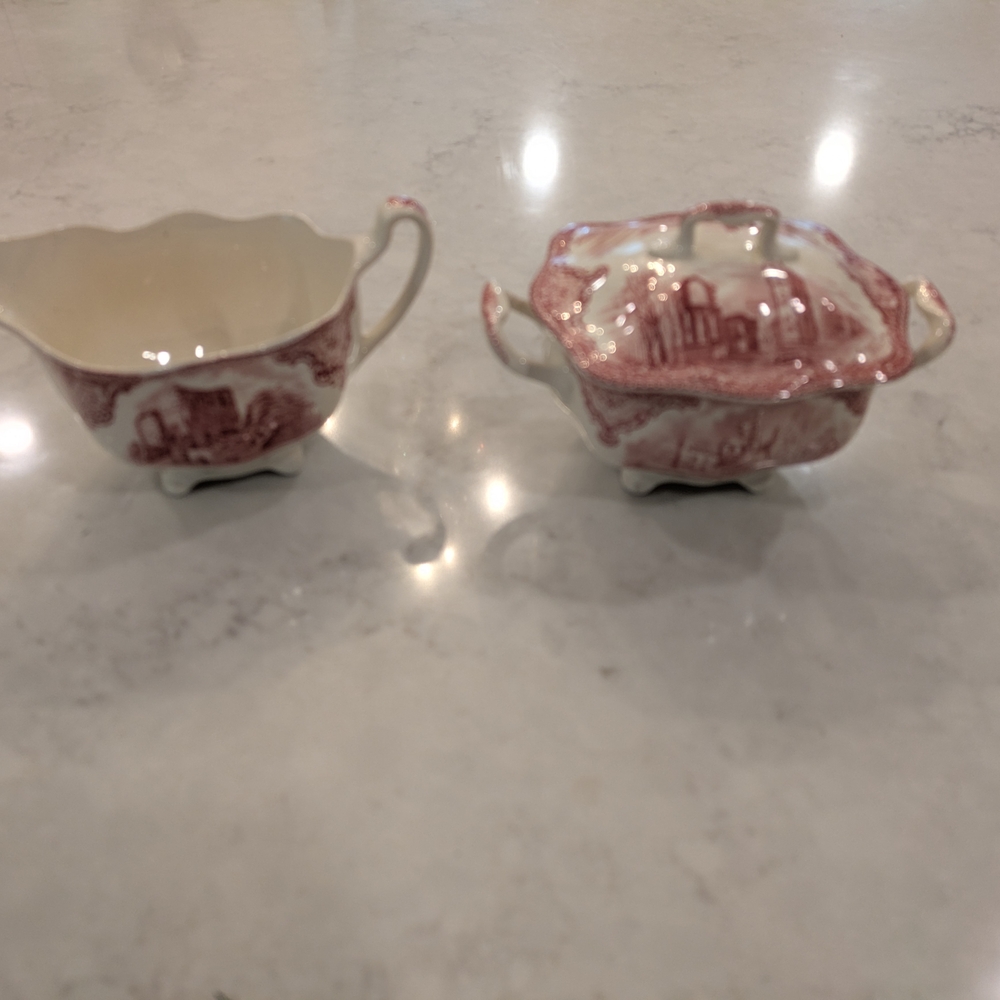Vintage Johnson Bros England Porcelain Pink and White Sugar and Creamer Set